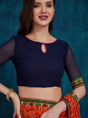 Riva enterprise women's half and half bandhani pallu orange  and navy blue color saree 5