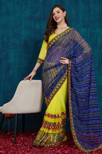 Riva enterprise women's half and half bandhani pallu blue and yellow color saree