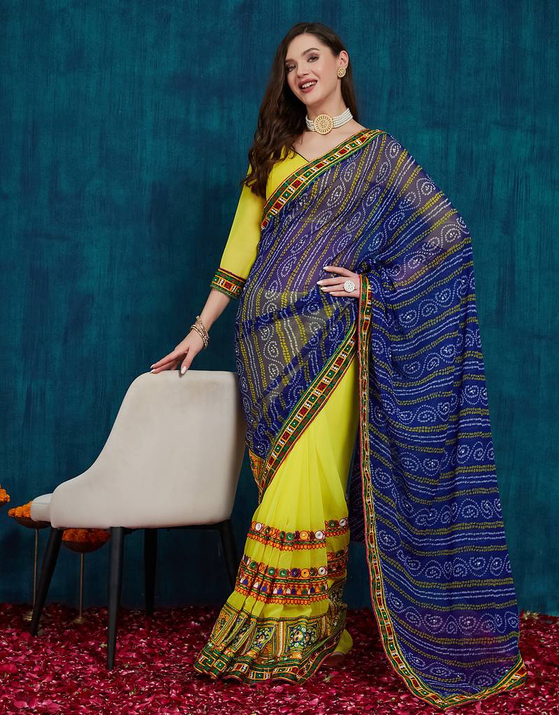 Riva enterprise women's half and half bandhani pallu blue and yellow color saree