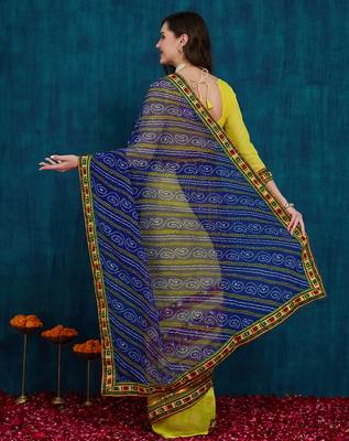 Riva enterprise women's half and half bandhani pallu blue and yellow color saree 2
