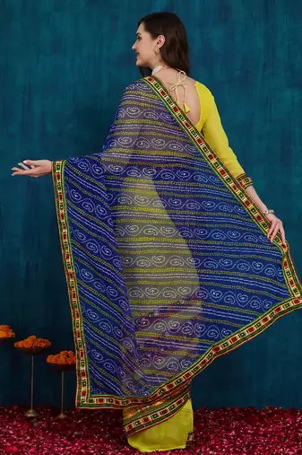 Riva enterprise women's half and half bandhani pallu blue and yellow color saree