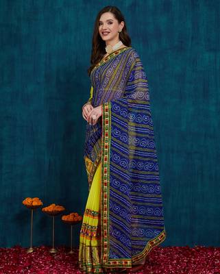 Riva enterprise women's half and half bandhani pallu blue and yellow color saree 3