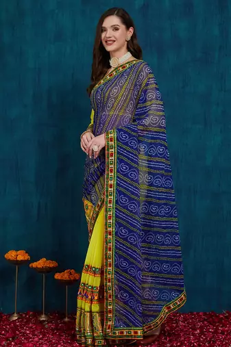 Riva enterprise women's half and half bandhani pallu blue and yellow color saree