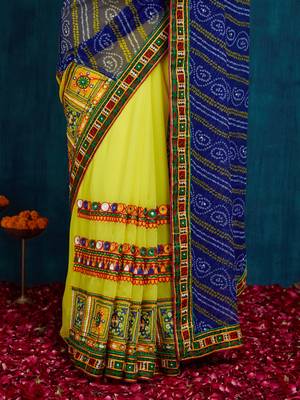 Riva enterprise women's half and half bandhani pallu blue and yellow color saree 4