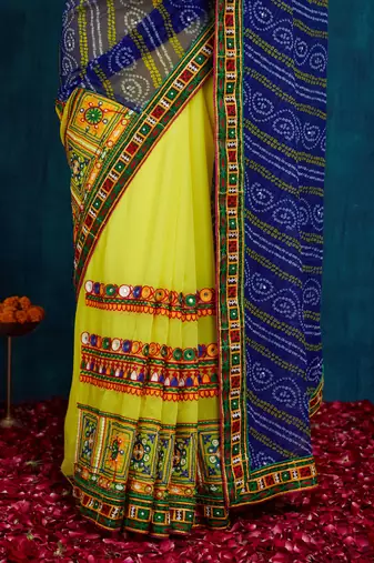 Riva enterprise women's half and half bandhani pallu blue and yellow color saree
