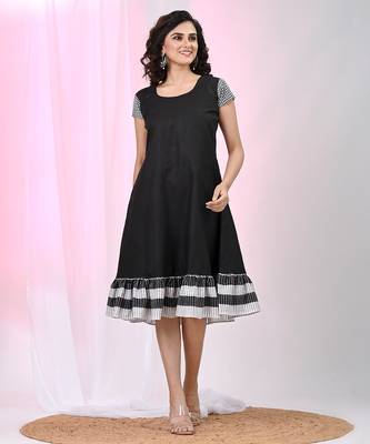 Women's black cotton a-line ethnic dress with monochrome checked sleeves & striped ruffle hem 1