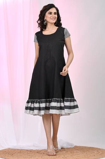 Women's black cotton a-line ethnic dress with monochrome checked sleeves & striped ruffle hem