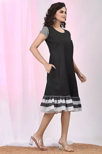 Women's black cotton a-line ethnic dress with monochrome checked sleeves & striped ruffle hem