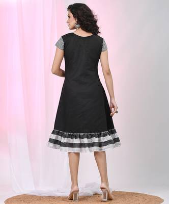 Women's black cotton a-line ethnic dress with monochrome checked sleeves & striped ruffle hem 3