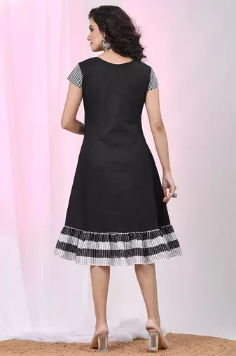 Women's black cotton a-line ethnic dress with monochrome checked sleeves & striped ruffle hem