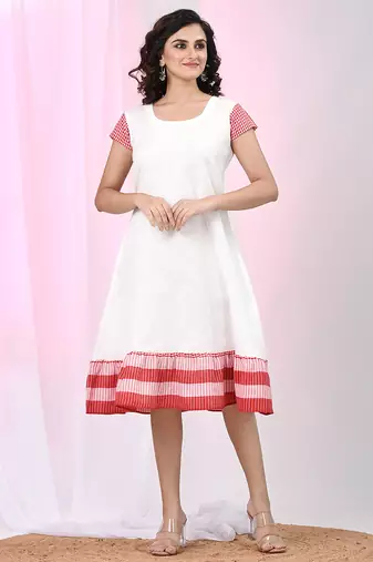 Women's white cotton a-line ethnic dress with red checkered sleeves & ruffle hem