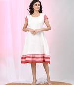 Women's white cotton a-line ethnic dress with red checkered sleeves & ruffle hem