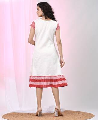 Women's white cotton a-line ethnic dress with red checkered sleeves & ruffle hem 3