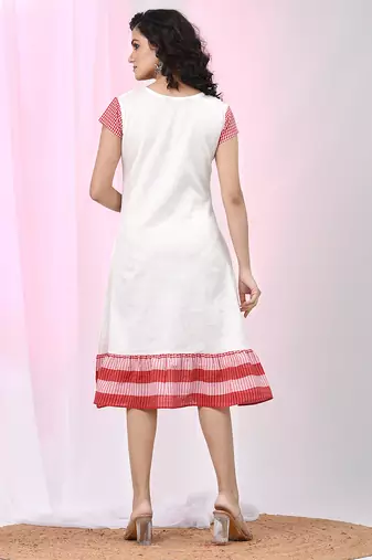Women's white cotton a-line ethnic dress with red checkered sleeves & ruffle hem