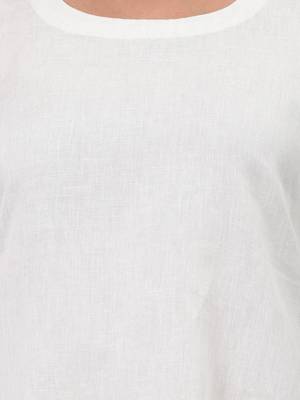 Women's white cotton a-line ethnic dress with red checkered sleeves & ruffle hem 4