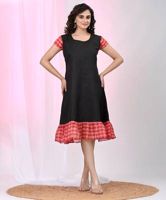 Women's black cotton a-line ethnic dress with red checkered sleeves & ruffle hem 1