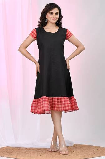 Women's black cotton a-line ethnic dress with red checkered sleeves & ruffle hem