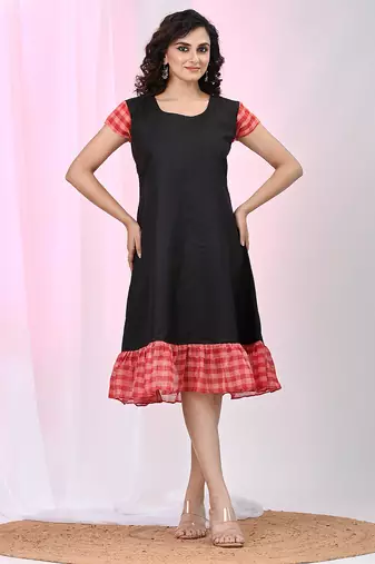 Women's black cotton a-line ethnic dress with red checkered sleeves & ruffle hem
