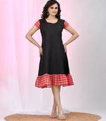 Women's black cotton a-line ethnic dress with red checkered sleeves & ruffle hem