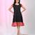 Women's black cotton a-line ethnic dress with red checkered sleeves & ruffle hem