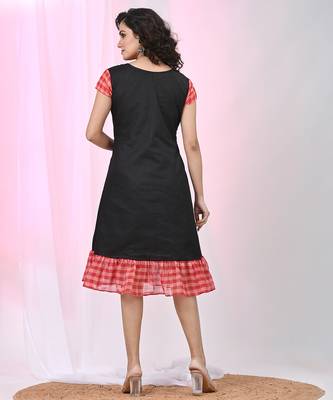 Women's black cotton a-line ethnic dress with red checkered sleeves & ruffle hem 3