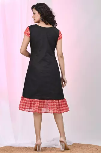 Women's black cotton a-line ethnic dress with red checkered sleeves & ruffle hem