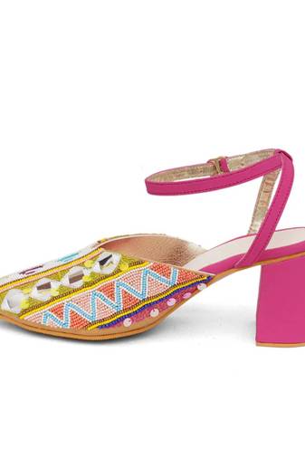 Pink embroidered leather heels