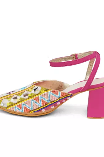 Pink embroidered leather heels