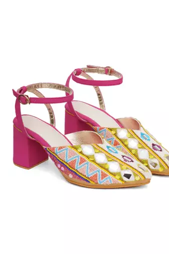 Pink embroidered leather heels
