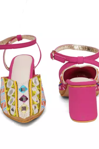 Pink embroidered leather heels