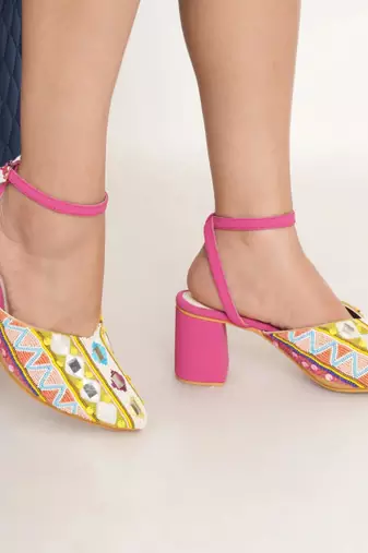Pink embroidered leather heels