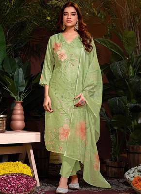 Green cotton printed kurta wih pant & duppata 1