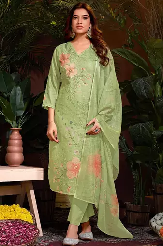 Green cotton printed kurta wih pant & duppata