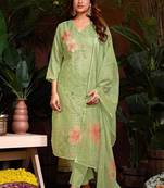 Green cotton printed kurta wih pant & duppata