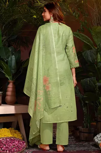 Green cotton printed kurta wih pant & duppata
