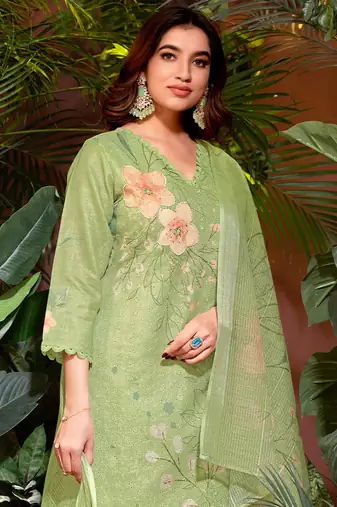 Green cotton printed kurta wih pant & duppata