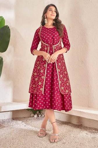 Maroon cotton silk printed gown