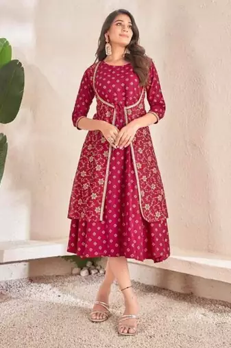 Maroon cotton silk printed gown