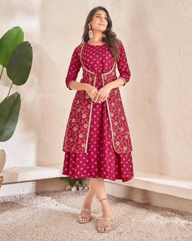 Maroon cotton silk printed gown