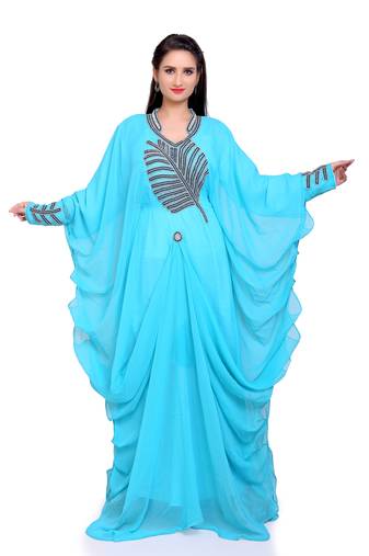 Elegant Sky Blue Layered Stitched Kaftan with Statement leafy Embroidery for Special Occasion