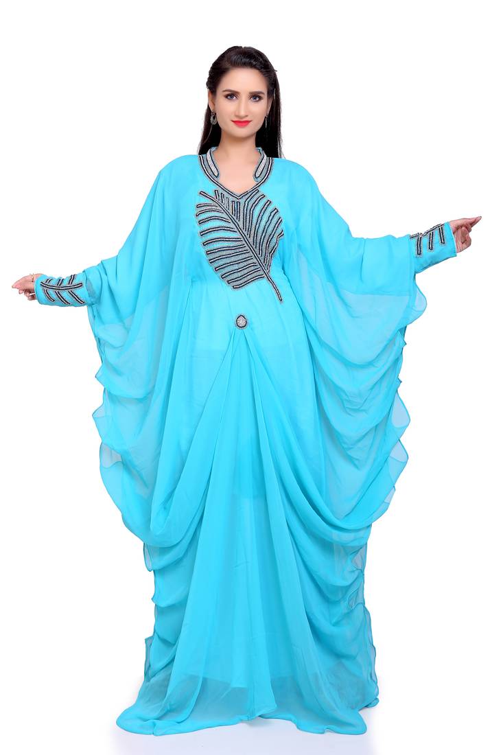 Elegant Sky Blue Layered Stitched Kaftan with Statement leafy Embroidery for Special Occasion
