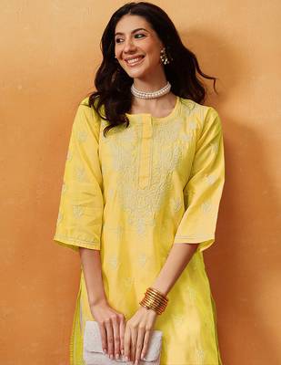 Hand Embroidered Yellow Cotton Lucknowi Chikan Women Kurta 7