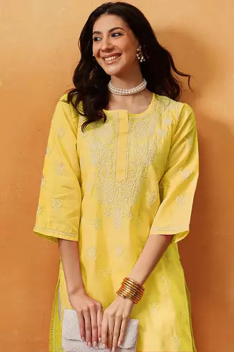 Hand Embroidered Yellow Cotton Lucknowi Chikan Women Kurta