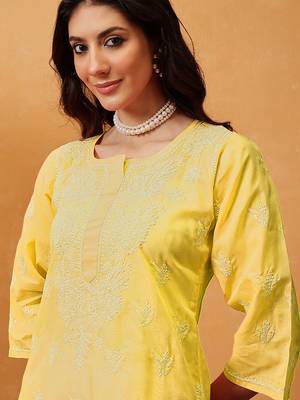 Hand Embroidered Yellow Cotton Lucknowi Chikan Women Kurta 8