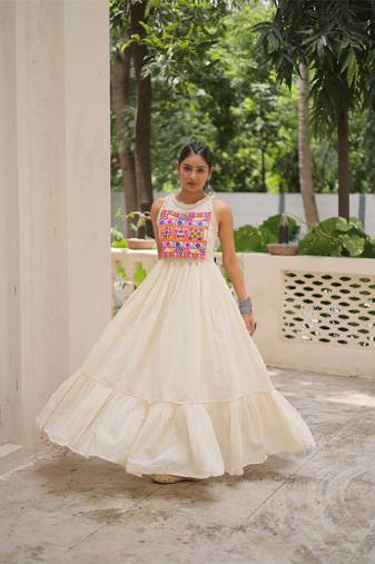 Off white kora cotton multi thread embroidered work traditional gown