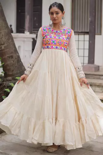 Off white kora cotton multi thread embroidered work traditional gown