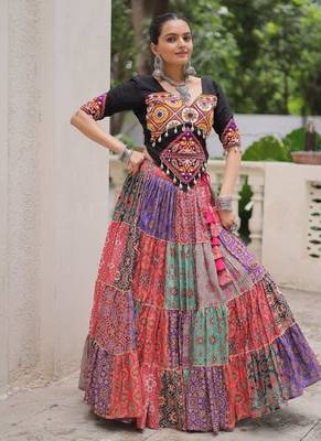Black Craft Embroidered Navratri Lehenga Choli with Multicolour Tier Lehenga 1