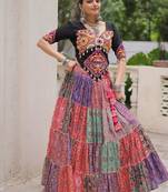 Black Craft Embroidered Navratri Lehenga Choli with Multicolour Tier Lehenga