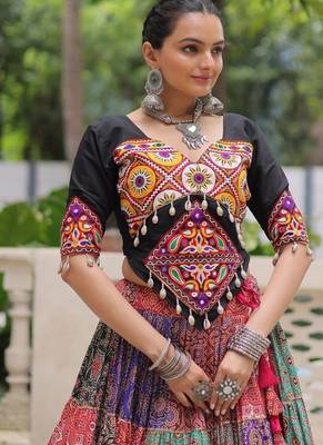 Black Craft Embroidered Navratri Lehenga Choli with Multicolour Tier Lehenga 3
