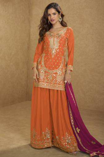Orange chinon silk embroidered sharara suit